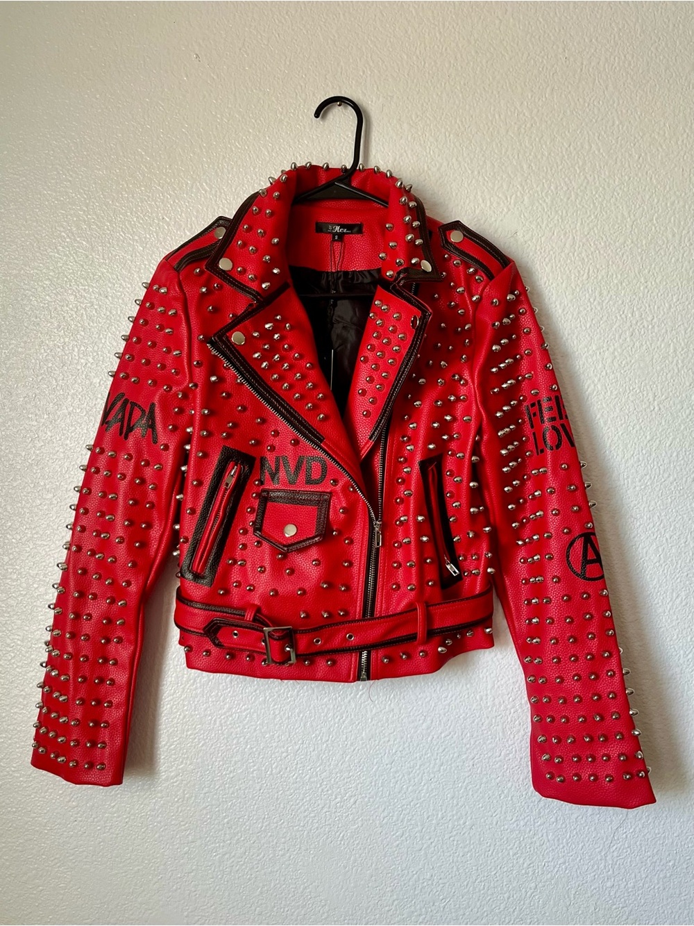 Studded Red Leather Biker Jacket with Belt - Women's Fashion - Picture 4 of 16